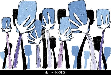 Ein Cluster von Cartoon Hände halten mobile Smartphones. Stock Vektor