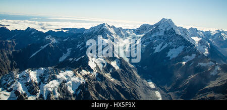 Luftaufnahme des Mt Cook/Aoraki und Hooker-Gletschers Stockfoto