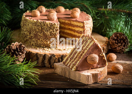 Schokoladenkuchen in Wald am alten Holztisch serviert Stockfoto