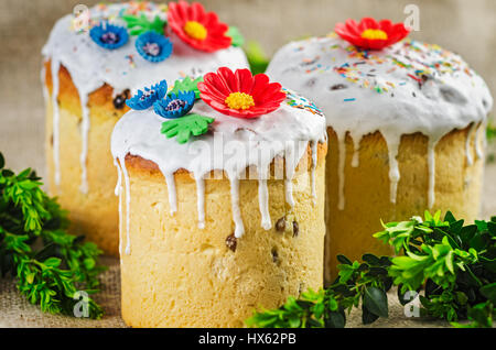 Osterkuchen mit Blumen auf rustikalen Hintergrund. Selektiven Fokus. Stockfoto