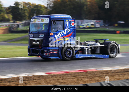 Mat Summerfield in seinem MAN TGX brüllend um Clearways Ecke in Brands Hatch Rennstrecke auf dem letzten 2016 BTRC treffen Stockfoto