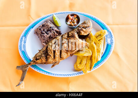 Ganze Fische, Reis mit Bohnen und Kochbananen Chips Stockfoto
