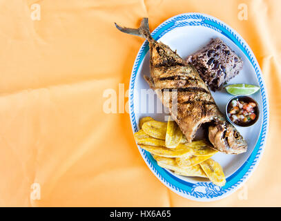 Ganze Fische, Reis mit Bohnen und Kochbananen Chips Stockfoto