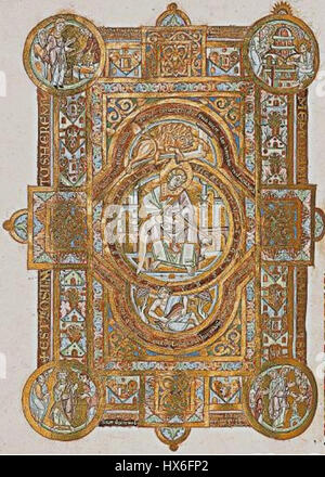 Der Uta Codex, eine illustrierte Handschrift aus dem 9. Jahrhundert, enthält eine Darstellung des Heiligen Markus. Der Codex ist bekannt für seine detaillierten Illustrationen und seine religiöse Bedeutung, die Einblicke in die mittelalterliche christliche Ikonographie geben. Stockfoto