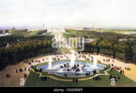 Ein Blick auf den Schlossgarten von Versailles, wie er Mitte des 19. Jahrhunderts erschien, und seine grandiose Landschaft und sein symmetrisches Layout einfängt. Der Garten ist bekannt für seine Brunnen, Statuen und sorgfältig gestalteten Wege, die die Opulenz der französischen Monarchie widerspiegeln. Stockfoto