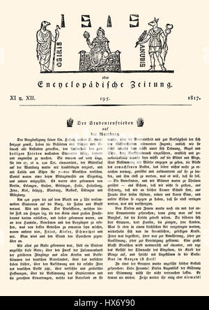 Nummer 195 der Zeitschrift Isis mit einer Liste der verbrannten Dinge, Wartburgfest, 18. Oktober 1817, die Wartburg, Eisenach, Thüringen, Keim Stockfoto