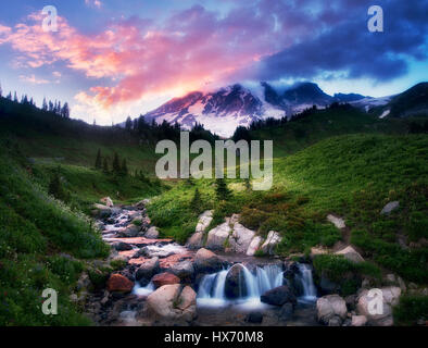 Edith Bach und Mt. Rainier mit Sonnenuntergang. Mt. Rainier Nationalpark, Washington Stockfoto