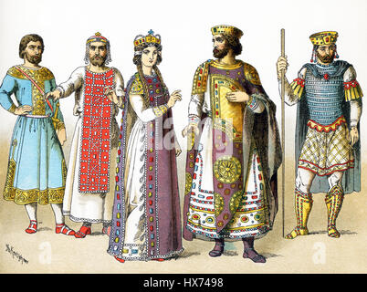 Die Abbildung hier zeigt Byzantiner zwischen 800 und 1000 n. Chr. Von links nach rechts, sie sind: Mann von Rang, Basileus 886, byzantinische Kaiserin, byzantinische Kaiser, Basileus II in 1025 n. Chr. Die Abbildung stammt bis 1882. Stockfoto