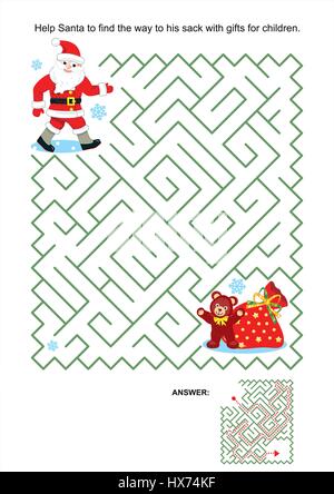 Labyrinth-spiel oder Aktivität Seite für Kinder: Hilf dem Weihnachtsmann den Weg zu seinen Sack mit Geschenken für die Kinder zu finden. Antwort enthalten. Stock Vektor