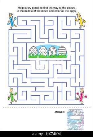 Ostern-Labyrinth-Spiel und Aktivität Färbung Seite für Kinder: die Bleistifte zu bekommen um das Bild in der Mitte und die Eiern Farbe helfen! Antwort enthalten. Stock Vektor