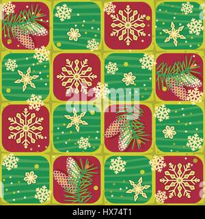 Nahtlose (einfach zu wiederholen) Weihnachten, Winter oder Neues Jahr Hintergrund mit Fir Tree Branches, Kegel und Schneeflocken Stock Vektor