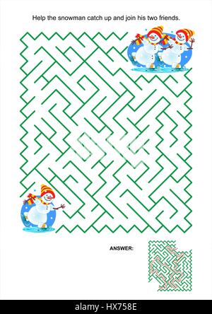 Labyrinth-spiel oder Aktivität Seite für Kinder: Hilfe der Schneemann aufholen und seine zwei Freunde. Antwort enthalten. Stock Vektor