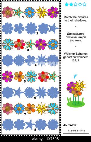 Visuelle Puzzle oder Bild Rätsel: Ordnen Sie die Bilder der Blume Zeilen ihre Schatten. Antwort enthalten. Stock Vektor