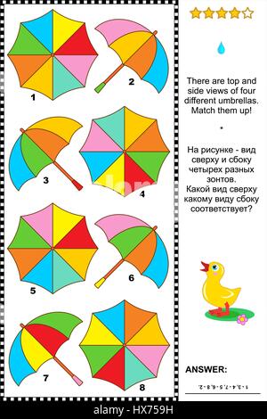 Bunte Sonnenschirme visuelle Rätsel: Es gibt oben und an der Seite einen Blick auf vier verschiedene Schirme. Passen Sie auf! Antwort enthalten. Stock Vektor