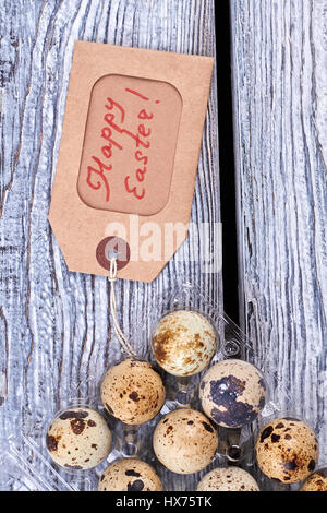 Wachteleier in Kunststoff-Box. Stockfoto