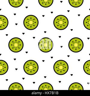 Kiwi FRUCHTSCHEIBEN Musterdesign grün auf weiß mit Samen. Sommer frische wiederholen Hintergrund. Stock Vektor