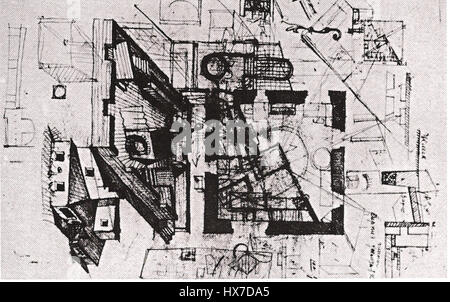 Der Entwurf des Melnikow-Hauses ist ein Entwurf des russischen Architekten Konstantin Melnikov. Dieses ikonische Gebäude, das in den 1920er Jahren erbaut wurde, ist ein Paradebeispiel konstruktivistischer Architektur. Bekannt für sein innovatives Design, verfügt das Haus über eine zylindrische Struktur und einzigartige geometrische Formen, die traditionelle architektonische Normen herausfordern. Stockfoto