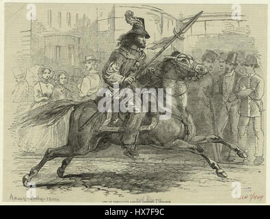 Das Bild zeigt eine von Garibaldis Lancer, eine Schlüsselfigur der italienischen Vereinigung, die während eines militärischen Feldzugs eine Entsendung in die Hand nahm. Diese Lanzer waren Teil von Garibaldis berühmter Freiwilligenarmee, die für die italienische Unabhängigkeit kämpfte. Ihre Rolle spielte in den italienischen Einigungskriegen Mitte des 19. Jahrhunderts eine entscheidende Rolle. Stockfoto