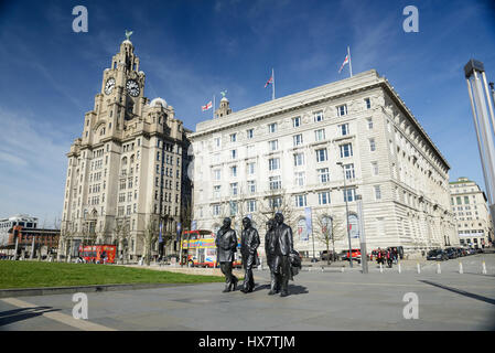 Statuen von berühmten Liverpool-Gruppe The Beatles liegt vor den berühmten Gebäuden am Molenkopf in Liverpool. Das Royal Liver Building (links) Stockfoto