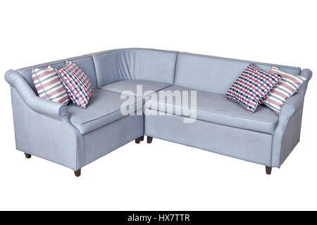 Ecke Schlafsofa Klappbett, gepolstert in Stoff hellgrau, isoliert auf weißem Hintergrund mit Beschneidungspfad gespeichert. Stockfoto