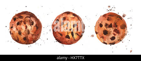 Ein Aquarell, Zeichnung von Schokolade chips Cookies mit Spritzern von Farbe um ihn herum, wie von Hand gezeichnet auf einem weißen Hintergrund, mit einem Platz für text Stockfoto
