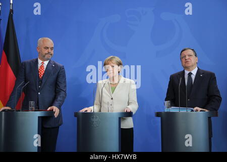 Berlin, Deutschland, 28. August 2014: Bundeskanzlerin Merkel hält westlichen Balkan Treffen mit Barroso und Premierminister von Albanien Edi Rama. Stockfoto