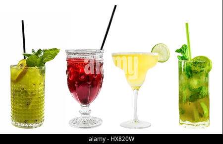 Eine Reihe von lebendigen Cocktails, isoliert auf weiss, einschließlich der klassischen Margarita und Mojito Stockfoto