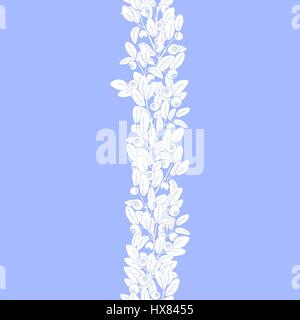 Nahtlose Grenze von Zweigen der Heidelbeere mit Beeren und Blätter auf einem lila Hintergrund. Beeren handbemalt violette Linien und weiß lackiert. Vektor-illu Stock Vektor