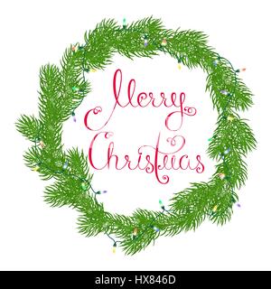 Festliche Kranz oder Gestell aus Tannenzweigen verstrickt elektrische leuchtende Girlande Frohe Weihnachten mit schönen Kalligraphie geschrieben in Rot lassen grüßen Stock Vektor