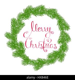 Runde Kranz oder Rahmen Fichte Zweige mit Frohe Weihnachten Grüße in rot auf weißem Hintergrund. Isoliert. Kardinal handgezeichneten Vektor-illustration Stock Vektor