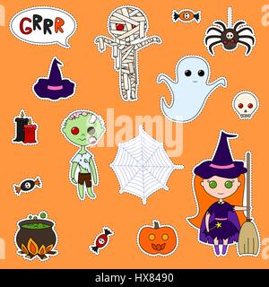 Satz von niedlichen Cartoon Monster und eine Vielzahl von Produkten für Halloween. Drucken Sie Pins, Abzeichen, Aufkleber. Halloween Patch Abzeichen. Vektor-Aufkleber-Kit. Stock Vektor