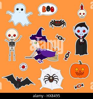 Satz von niedlichen Cartoon Monster und eine Vielzahl von Produkten für Halloween. Drucken Sie Pins, Abzeichen, Aufkleber. Halloween Patch Abzeichen. Vektor-Aufkleber-Kit. Stock Vektor