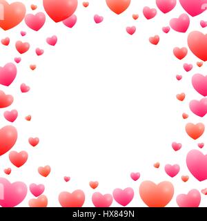Romantischen Rahmen mit Herzen in verschiedenen Größen verstreut und verschiedene Schattierungen von rot auf weißem Hintergrund. Zum Valentinstag. Urlaubsgrüße. Stock Vektor