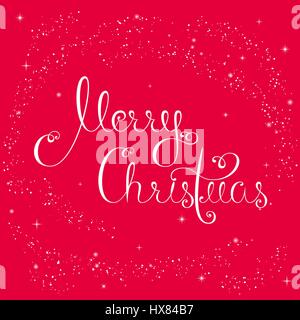 Urlaub-Grußkarte mit Frohe Weihnachten geschrieben in schöne Kalligraphie Schrift in weiß auf rotem Grund umgeben von Schneeflocken Stock Vektor