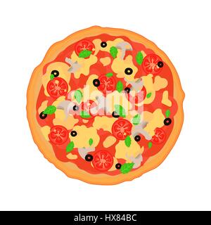 Flache italienische Pizza mit Champignons, Oliven, Basilikum, Tomaten und verschiedenen Saucen. Handgezeichnete Vektor-Illustration. Stock Vektor