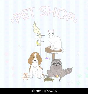 Pet Shop. Verschiedene süße Haustiere auf Pastell Hintergrund mit dekorativen Elementen. Alle Elemente sind isoliert. Handgezeichnete Vektor-Illustration. Stock Vektor