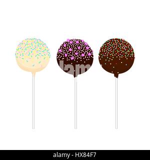 Satz von isolierten Cake Pops am Stiel in verschiedenen Farben mit verschiedenen Ornamenten. Cupcakes, runde Form auf einem Stick. Isoliert. Hand gezeichnet Vektor Stock Vektor