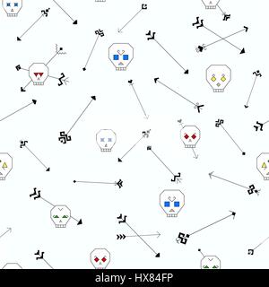 Nahtlose Muster mit stilisierten Totenköpfen und Pfeile auf weißem Hintergrund. Schädel mit verschiedenen Charakteren und farbigen Augen. Pfeile, bemalt mit traditi Stock Vektor