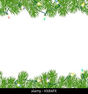 Nahtlose horizontale Ränder mit leuchtenden elektrischen festliche Girlanden, gepudert mit Schnee und zarten Schneeflocken auf weißem Hintergrund. Weihnachten Sprüche Stock Vektor