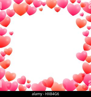 Romantischen Rahmen mit Herzen in verschiedenen Größen verstreut und verschiedene Schattierungen von rot auf weißem Hintergrund. Zum Valentinstag. Urlaubsgrüße. Stock Vektor