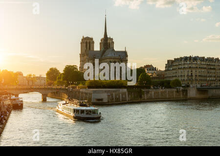 Notre Dame de Paris mit Kreuzfahrtschiff am Seineufer in Paris, Frankreich Stockfoto