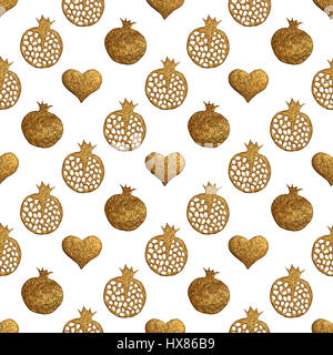 Gold Granatapfel abstrakte Muster. Handgemalte Herzen nahtlose Hintergrund. Stockfoto