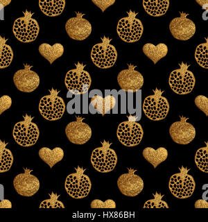 Gold Granatapfel abstrakte Muster. Handgemalte Herzen nahtlose Hintergrund. Stockfoto