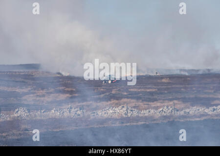 Flirrende Hitze und Rauch von Heather Brennen auf Cocker-Hügel, Barningham Moor, County Durham, Traktor und Wildhüter zeigen Stockfoto