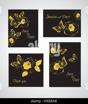 Blumen Frühling Vorlagen mit Rosen und Schmetterlinge. Hochzeit Design, Dankeschön-Karten, Ankündigungen, Grußkarten, Poster, Werbung. Stock Vektor