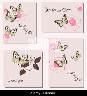 Blumen Frühling Vorlagen mit Rosen und Schmetterlinge. Hochzeit Design, Dankeschön-Karten, Ankündigungen, Grußkarten, Poster, Werbung. Stock Vektor