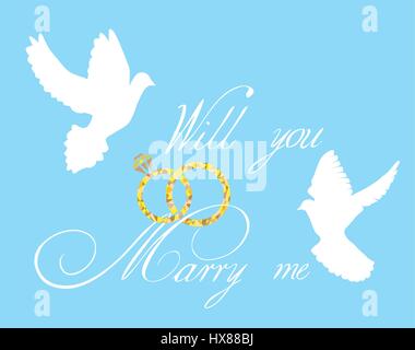 Vektor-Illustration für eine Hochzeitskarte mit Textvorlage, Diamantringe, Tauben fliegen Stock Vektor