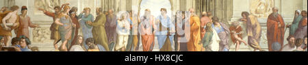 Die „Schule von Athen“ von Raphael ist eine der berühmtesten Fresken der Renaissance. Diese zugeschnittene Ansicht hebt die Darstellung der antiken Philosophen und Gelehrten im intellektuellen Diskurs hervor und erfasst das Wesen des klassischen Denkens. Stockfoto