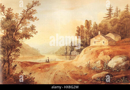 William Guy Walls Aquarell „View Near Fishkill“ aus dem Jahr 1820-1825 zeigt eine ruhige ländliche Szene in New York. Das Gemälde fängt die natürliche Schönheit der Landschaft mit detaillierter Aufmerksamkeit auf Licht, Wasser und die umgebende Flora ein. Stockfoto