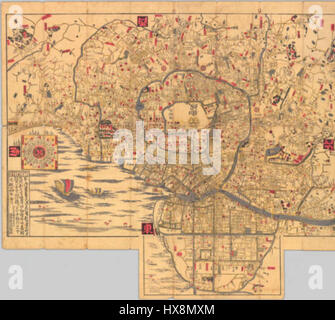 Der „Plan of Edo“ ist eine historische Karte, die die Stadt Edo (heute Tokio) im frühen 18. Jahrhundert darstellt und die städtische Struktur der Stadt während der Edo-Zeit in Japan zeigt. Die Karte bietet Einblicke in das Stadtbild, die Straßen und die wichtigsten Sehenswürdigkeiten während dieser bedeutenden Periode der japanischen Geschichte. Stockfoto